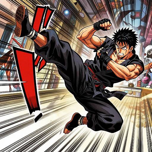 Dynamic anime illustration: muscular black-haired male martial artist in black gi, mid-air kick, intense expression, speed lines, red exclamation marks, indoor