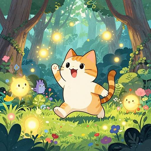Whimsical digital drawing of a joyful orange-and-white cat with a striped tail, leaping in a magical forest filled with glowing fireflies and colorful