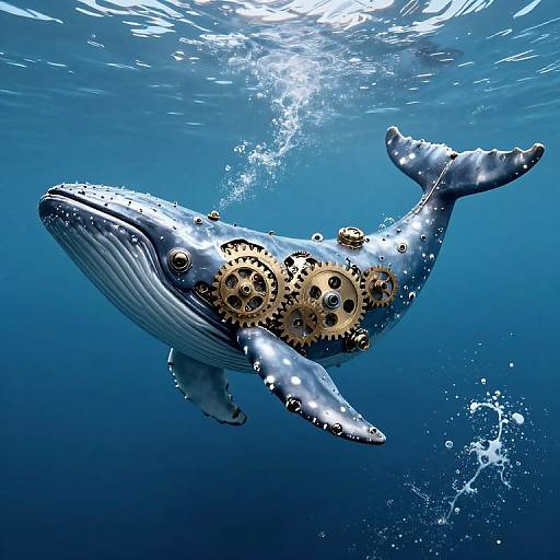 Photograph of a blue whale with internal gears, suspended underwater, surrounded by bubbles, with sunlight filtering through the water.