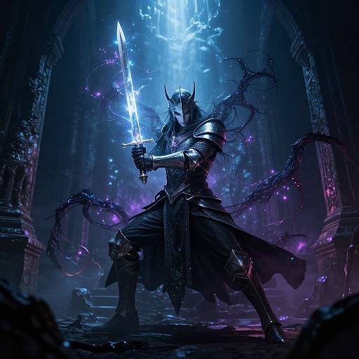 Digital fantasy artwork of a dark, armored warrior with horns wielding a glowing blue sword in a mystical, blue-lit, cathedral-like setting.