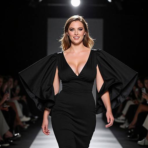 Photograph of a confident woman with light brown hair, wearing a deep V-neck, black, puffed-sleeve dress, walking down a brightly