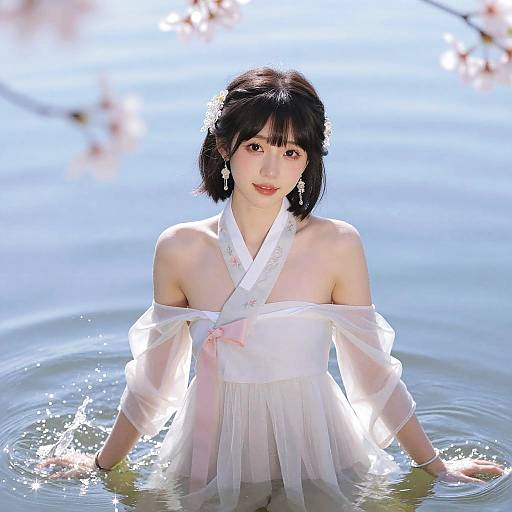 Young Woman in Traditional Hanfu in Water