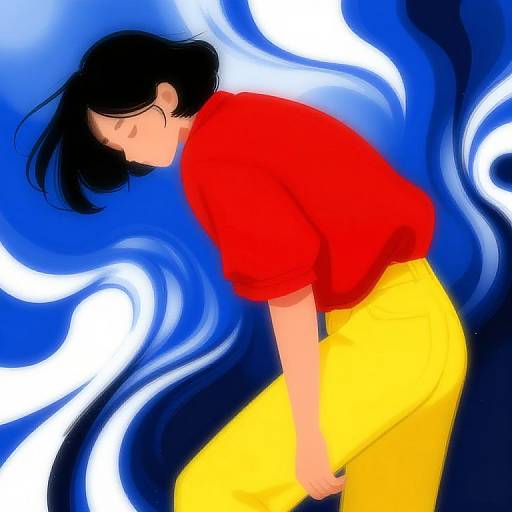 Digital illustration of a person with black hair, red shirt, and yellow pants, set against a swirling blue and white background.