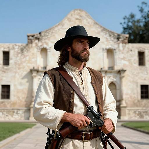 Hyperrealistic Davy Crockett at Alamo
