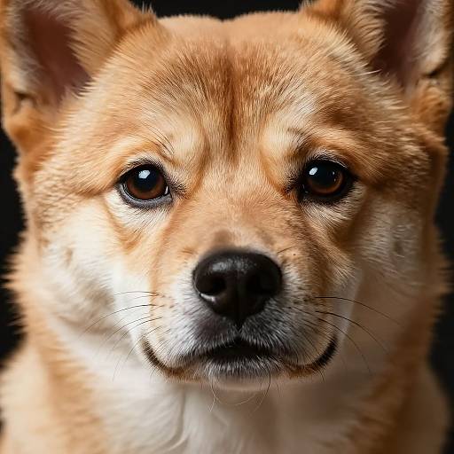 Close-up photograph of a tan Akita dog with large, dark, soulful eyes, black nose, and soft, fluffy fur against a black background