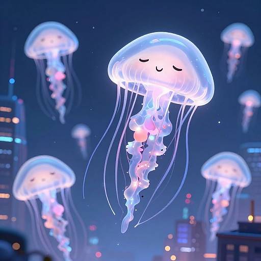 Digital artwork of cute, glowing jellyfish with smiling faces floating in a dark blue city night sky, surrounded by blurred city lights.