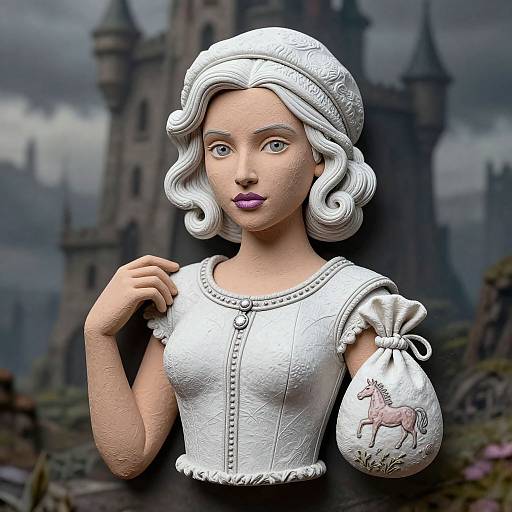 Digital artwork of a fair-skinned, white-haired princess with purple lips, wearing a silver medieval dress and headpiece, against a castle backdrop.