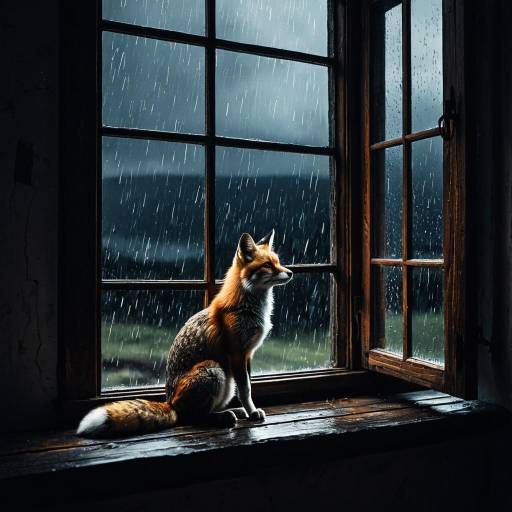 Tabby Fox on Rustic Window Ledge in Rain