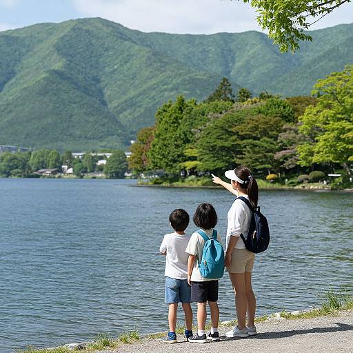 Photograph of a woman and two children standing on a lakeside path, gazing at lush, green mountains with a calm lake in the foreground.