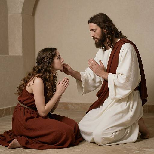 Photograph of a bearded man in white robes kneeling, hands in prayer, while a woman in a brown dress kneels, touching his chin,