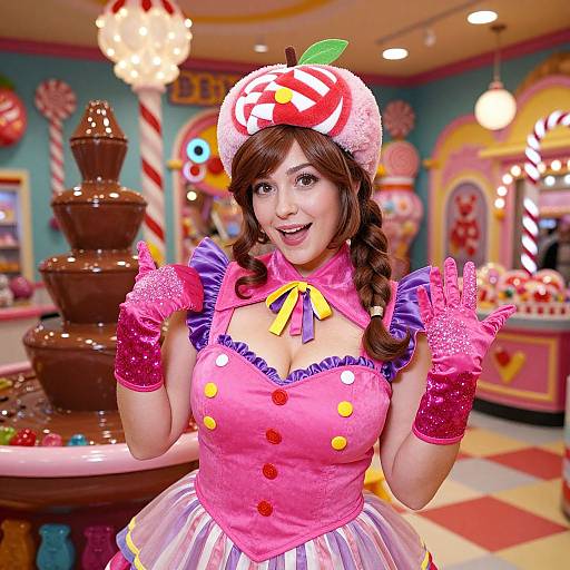 Photograph of a smiling woman in a colorful candy-themed costume with pink gloves, hat, and dress, standing in a whimsical candy shop.