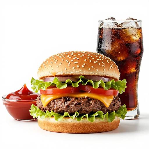 Photograph of a juicy beef burger with sesame seed bun, lettuce, tomato, cheese, and ketchup, beside a glass of cola with ice.