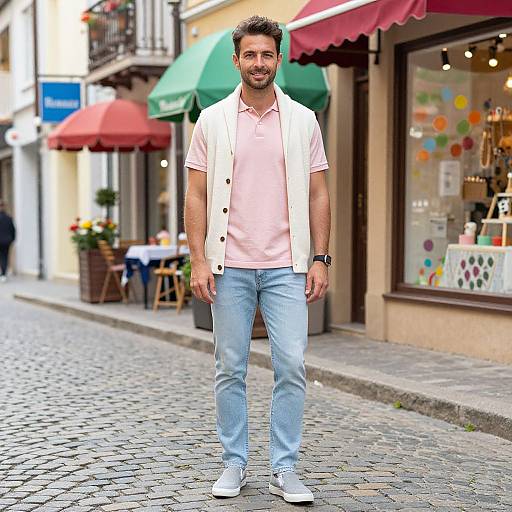 Photograph of a smiling man with short dark hair, light beard, wearing a pink polo, white jacket, light blue jeans, and white sneakers,