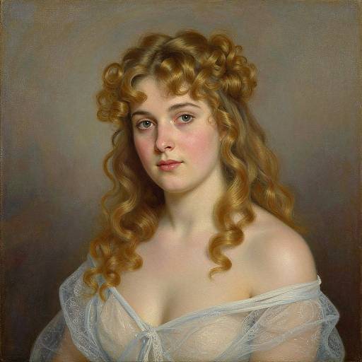 Classical portrait painting of a fair-skinned woman with curly, auburn hair, wearing a sheer, white off-shoulder gown, against