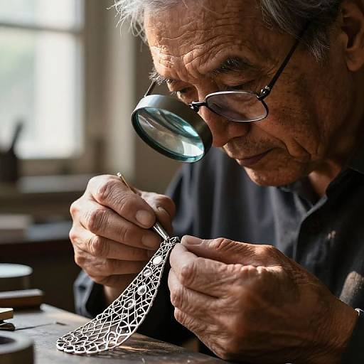Photograph: Elderly man with wrinkled skin, gray hair, and glasses, closely examining intricate white lace through a magnifying glass, in a