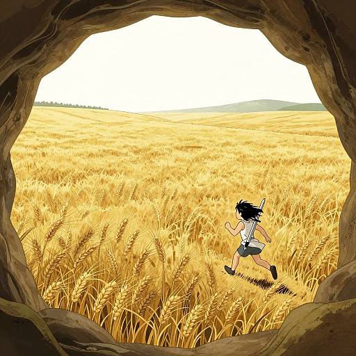 Digital anime-style drawing: Black-haired girl in white shirt and black shorts runs through golden wheat field, framed by rocky cave opening.