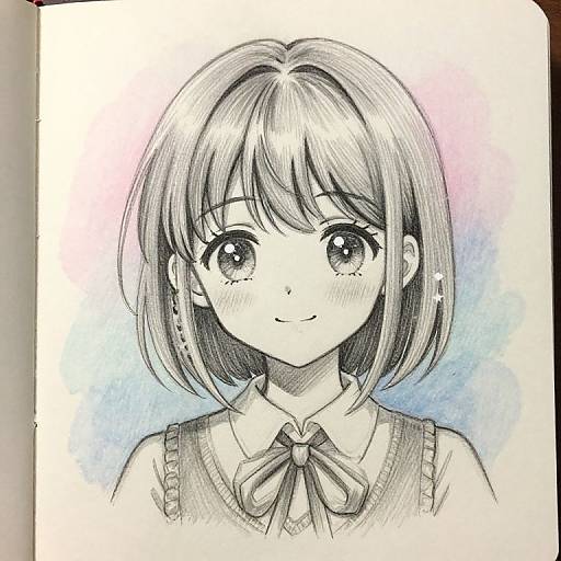 Black and white anime-style drawing of a smiling young girl with short, straight hair, large eyes, and a bowtie blouse. Watercolor background in