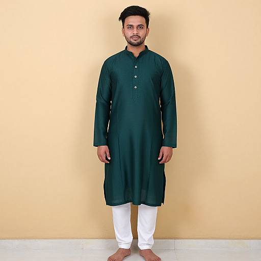 Photograph of a South Asian man with short black hair and beard, wearing a black traditional long kurta and white pants, standing against a plain beige