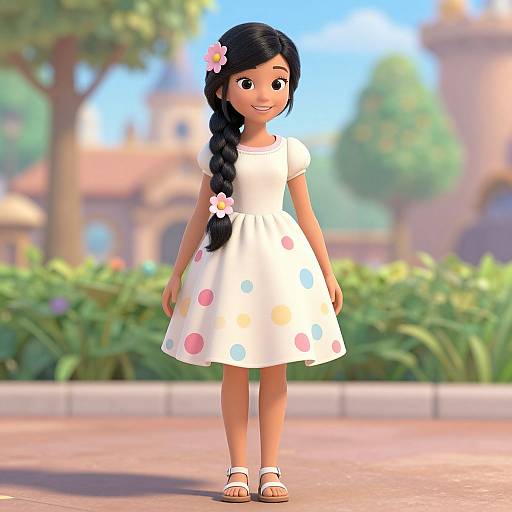 Digital CGI image of a young girl with black braided hair, wearing a white polka dot dress and sandals, smiling in a sunny, blurred garden