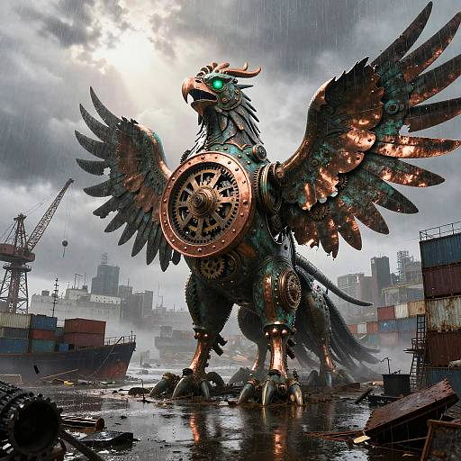Clockwork Griffin Over Flooded Shipyard