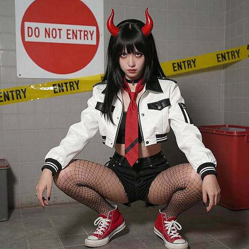 Edgy Woman with Red Horns in Hazard Room