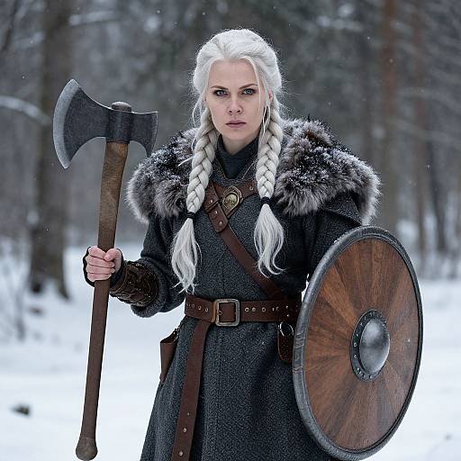 Fierce Viking Woman in Snowy Forest