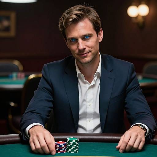 Photograph of a handsome, blue-eyed man in a black suit, white shirt, holding poker chips at a casino table.
