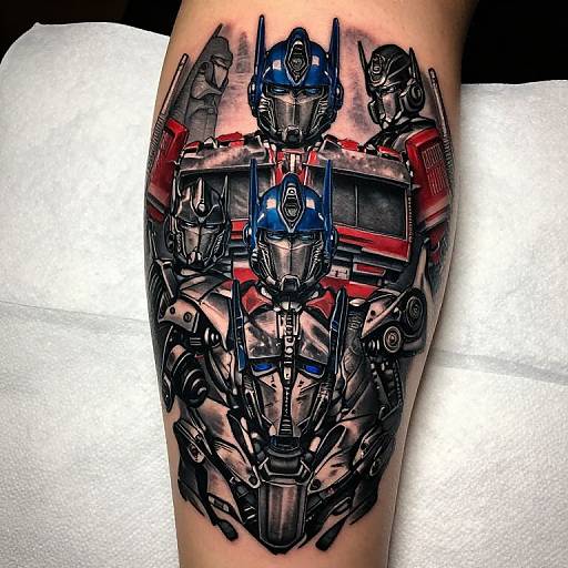 Photograph of a detailed, colorful tattoo on a person's leg featuring a blue and red robotic figure surrounded by smaller mechanical parts, set against a white