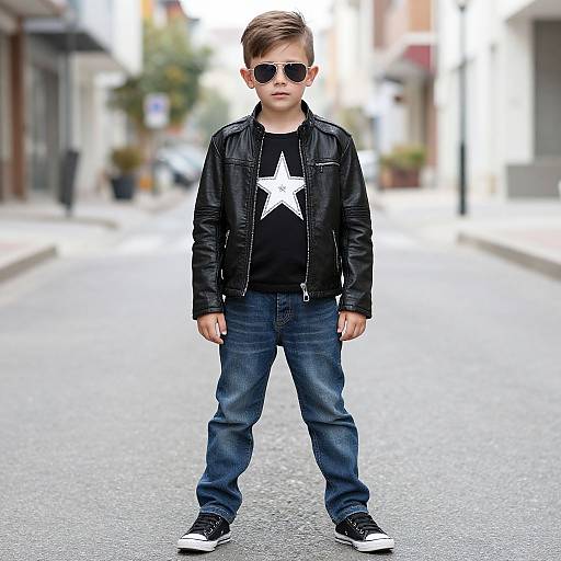 Photograph of a young boy with short brown hair, wearing black sunglasses, leather jacket, black star shirt, blue jeans, and black sneakers, standing