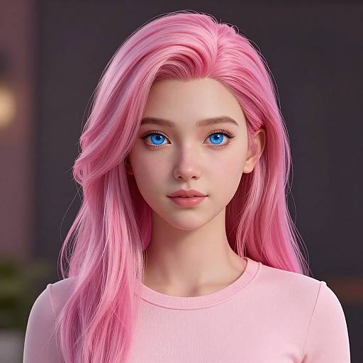 Digital artwork of a young woman with striking pink hair and bright blue eyes, wearing a light pink sweater, set against a blurred dark background.