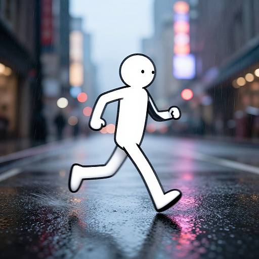 White stick-figure runner crosses rain-soaked city street at night, surrounded by blurred colorful neon lights and wet pavement reflections.