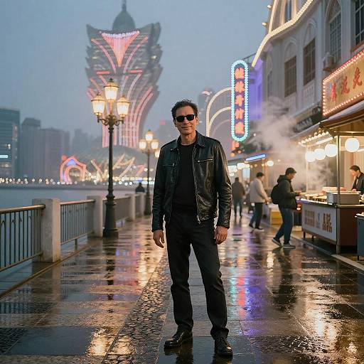 Man in Leather Jacket on Neon-Lit Macau Waterfront