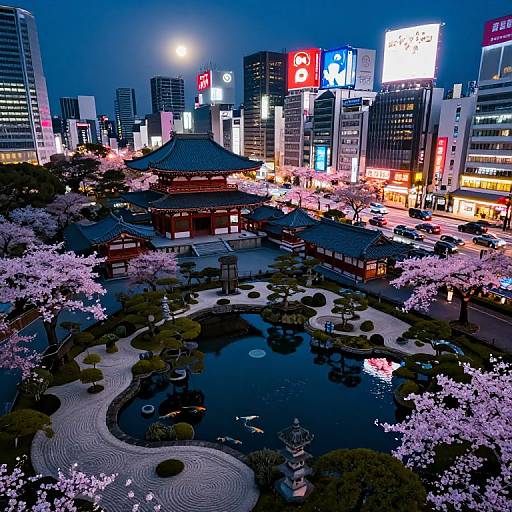 Photograph of a vibrant, neon-lit urban night scene with a traditional Japanese garden and cherry blossoms in the foreground, surrounded by modern skyscrap