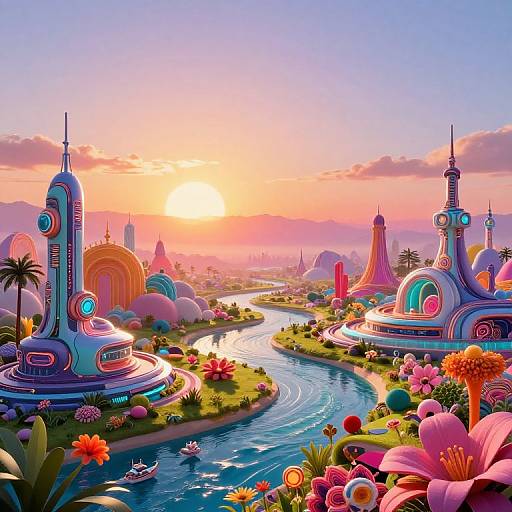 Vibrant, futuristic cityscape with neon-colored domed buildings, winding blue river, colorful flowers, sunset, and floating boat; digital art style