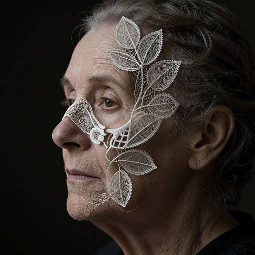 Photograph of elderly man with gray hair, white lace leaf pattern overlaying his right cheek, against a black background.