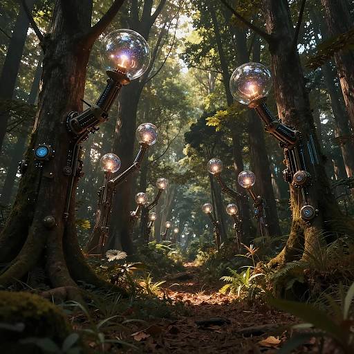 Photograph of enchanted forest with glowing glass orbs hanging from twisted tree branches, sunlight filtering through dense, moss-covered trees.