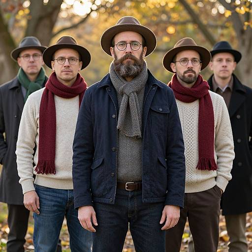 Photograph of six bearded men in autumn, wearing hats, glasses, white sweaters, red scarves, black coats, standing in a park