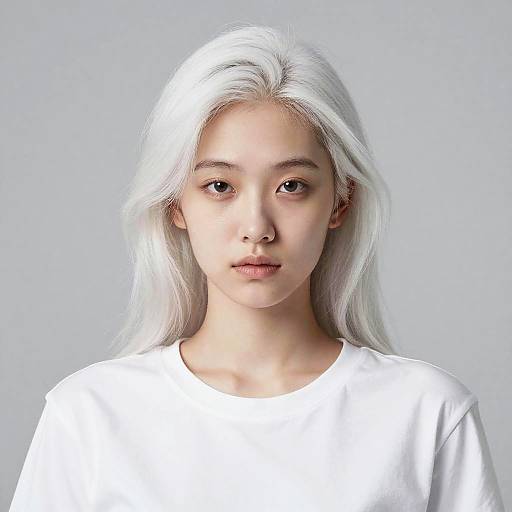 Digital portrait of a young East Asian woman with long, white hair, wearing a white shirt, against a light gray background.