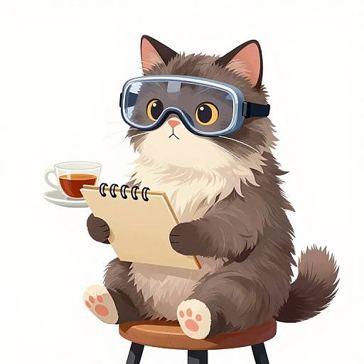 Adorable gray and white cat wearing blue VR goggles, sitting on a stool, holding a tea cup and pencil, looking focused. Digital art in a