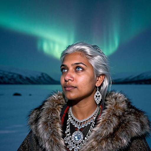 Photograph of a young woman with silver hair, wearing traditional Inuit fur coat, elaborate silver jewelry, and large earrings, gazing at vivid green