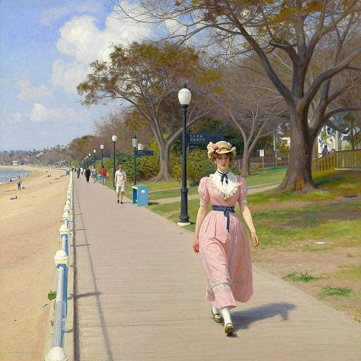 Photograph of a woman in a pink, Victorian-style dress and hat walking on a sunny, tree-lined beach promenade, with a few distant pedestrians