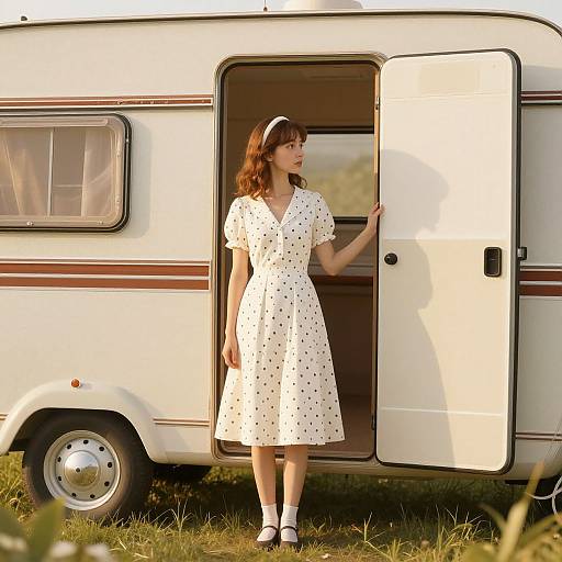 Photograph of a red-haired woman in a white polka-dot dress standing in the open door of a vintage white camper trailer on grass.