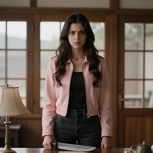 Portrait: Woman Holding Knife in Rustic Room