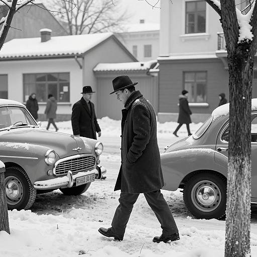 Vintage Snowy Street Scene in Black-and-White