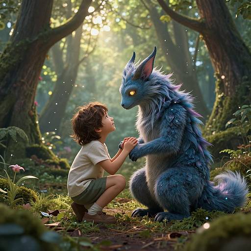 Photorealistic CGI: Curious child in beige shirt and green shorts kneels, touching a glowing-eyed, blue-furred, wolf-like creature in