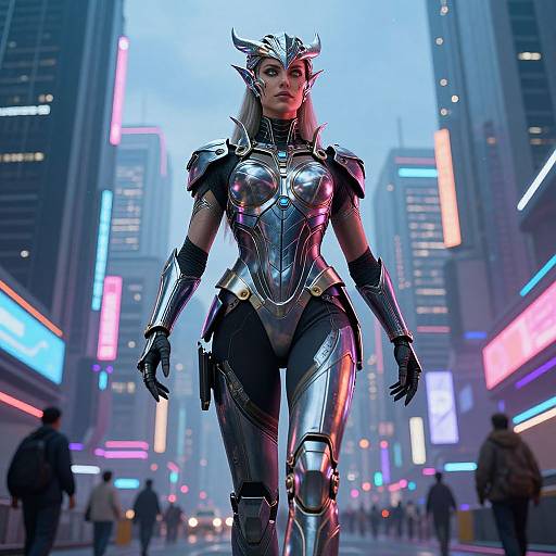 CGI image of a futuristic, armored woman with silver horns, metallic suit, and black gloves, standing in a neon-lit city street at dusk