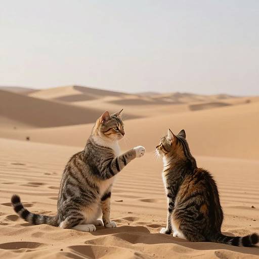 Photograph of two tabby cats facing each other in a sunlit desert, with dunes and shadows in the background.