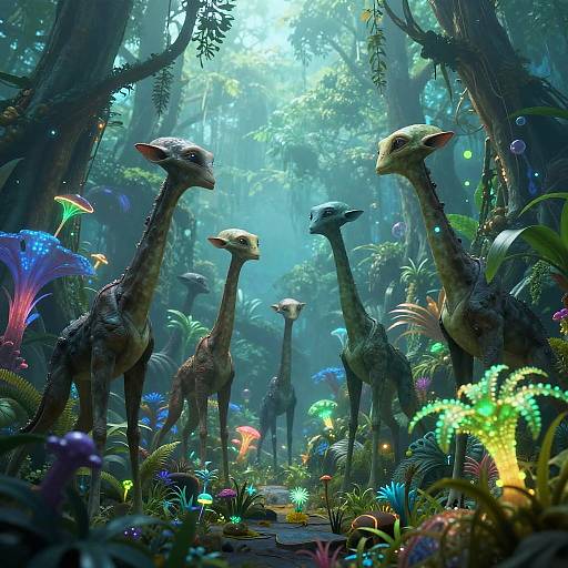 Digital fantasy artwork of four tall, giraffe-like creatures with spotted fur, standing in a vibrant, illuminated jungle filled with glowing plants.