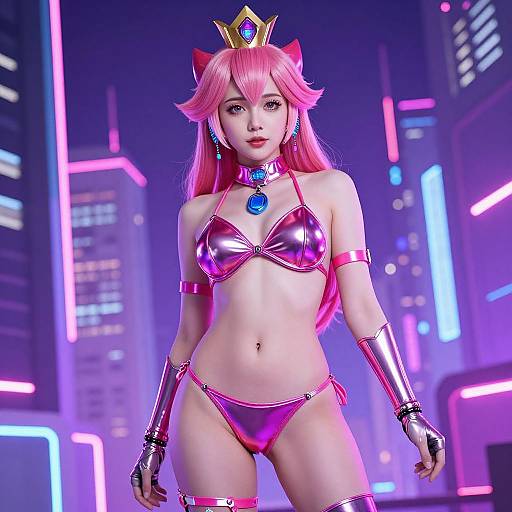Digital art of pink-haired Princess Peach in a shiny pink bikini, crown, and arm cuffs, standing confidently in a neon-lit cityscape.