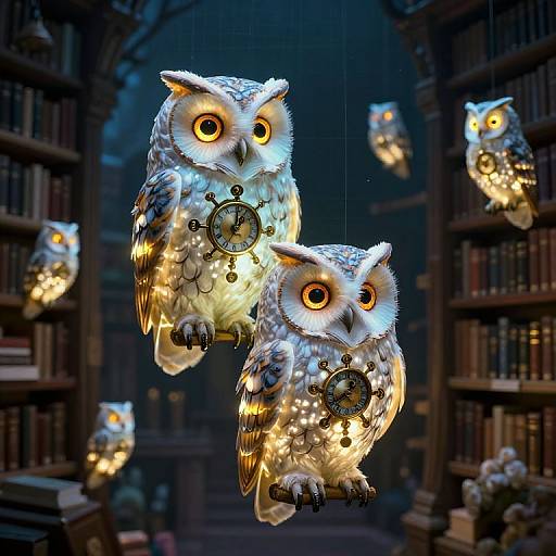 Photograph of glowing, detailed owl lanterns with large yellow eyes, hanging in a dimly lit, book-filled library with arched ceilings.